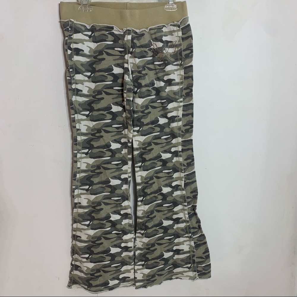 Y2K Feathers cotton camouflage raw edge eagle Crystal flare leg pants medium - Picture 3 of 5